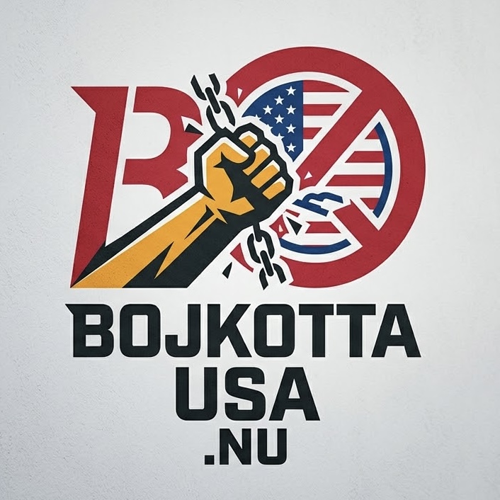 Logga för Bojkotta USA där man ser amerikanska flaggan överstruken och en knuten näve som slår flaggan.